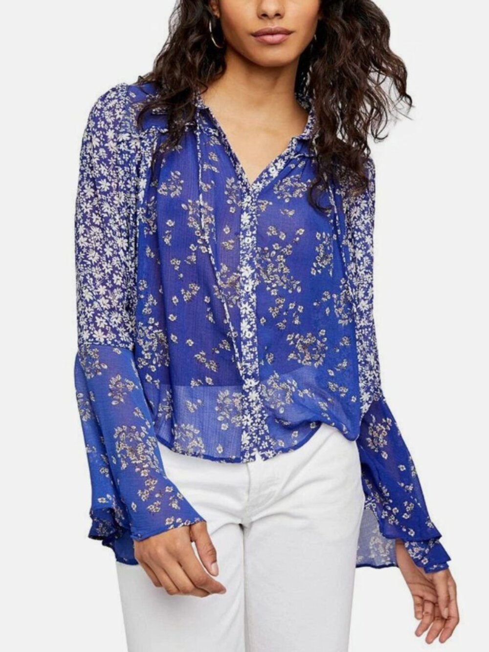 Free People Serena Floral Bell Sleeve Button Down Blouse